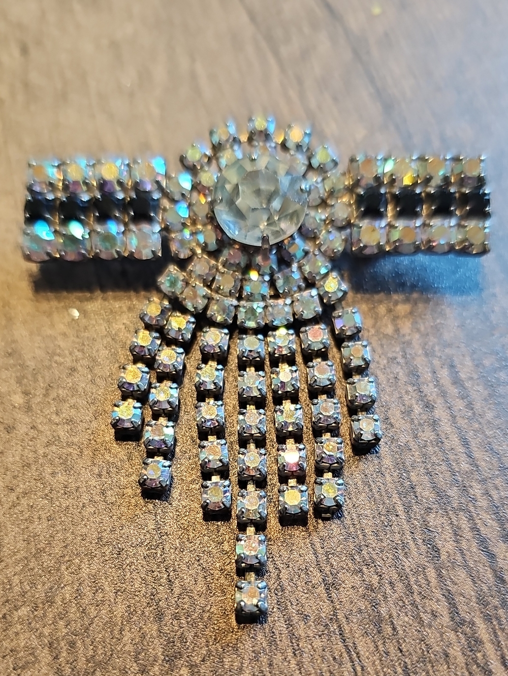 Antique Crystal Fringe Brooch - Aurora Borealis Rhinestone Accent